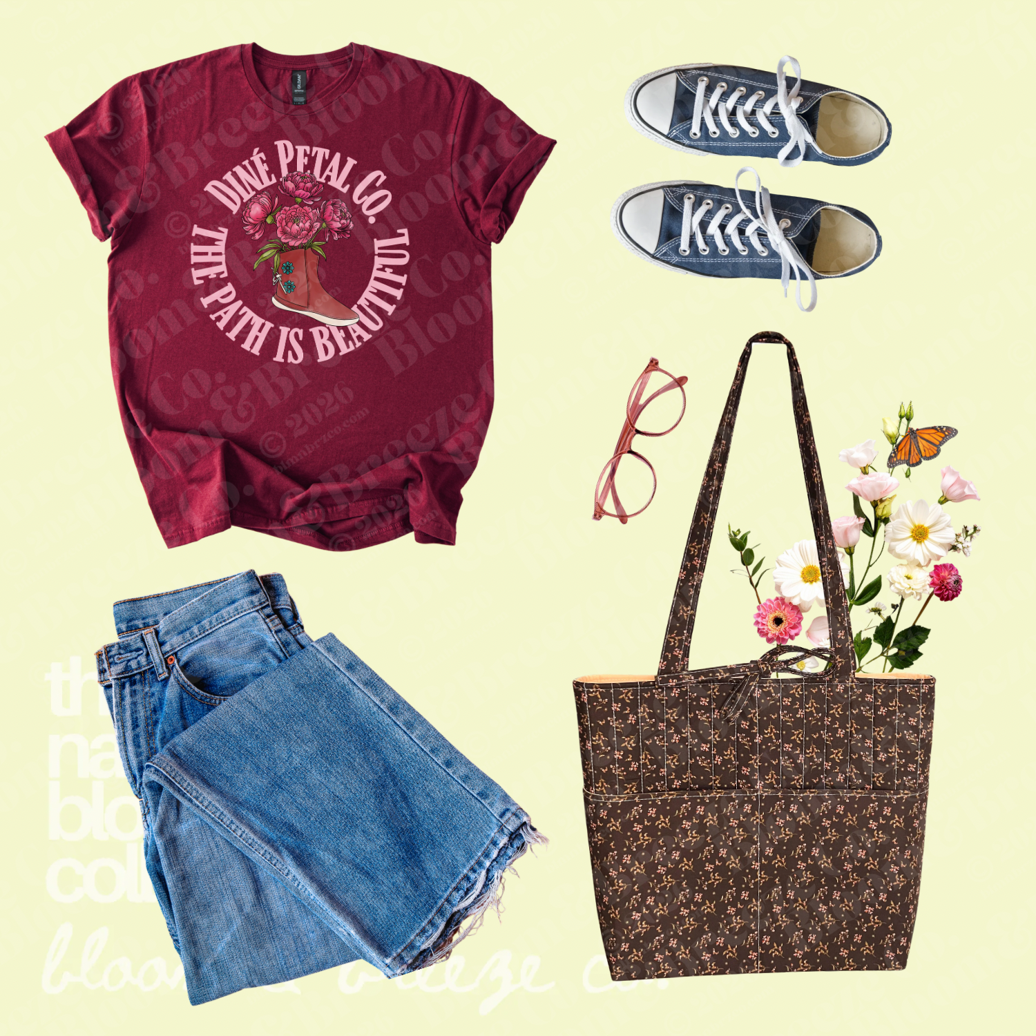 Maroon Diné Petal Co. graphic tee styled with light wash jeans, navy sneakers, pink glasses, and a brown floral quilted tote bag.
