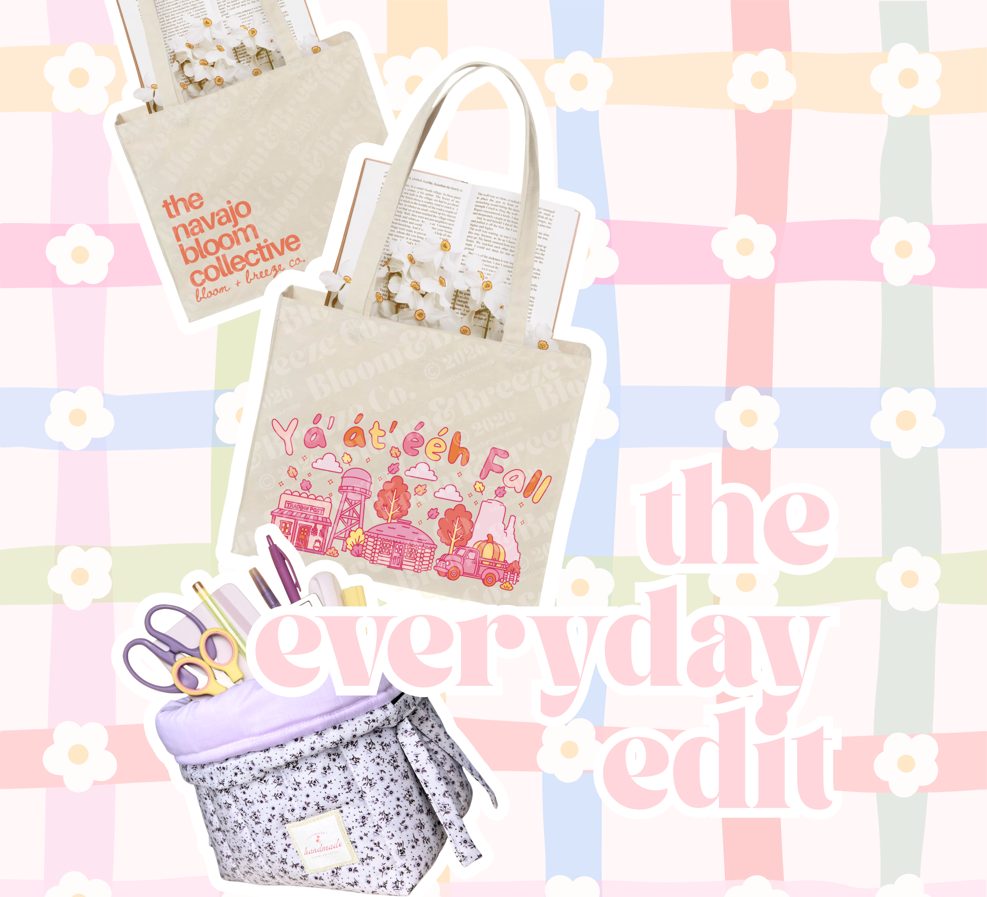 Three tote bags from The Daily Edit Collective are arranged on a pastel plaid background with white daisy flowers. The bags include a beige tote with orange text reading 'the navajo bloom collective', a beige tote with pink and orange illustrations and the words 'the everyday edit', and a lavender-and-white floral zippered pouch holding scissors and pens.