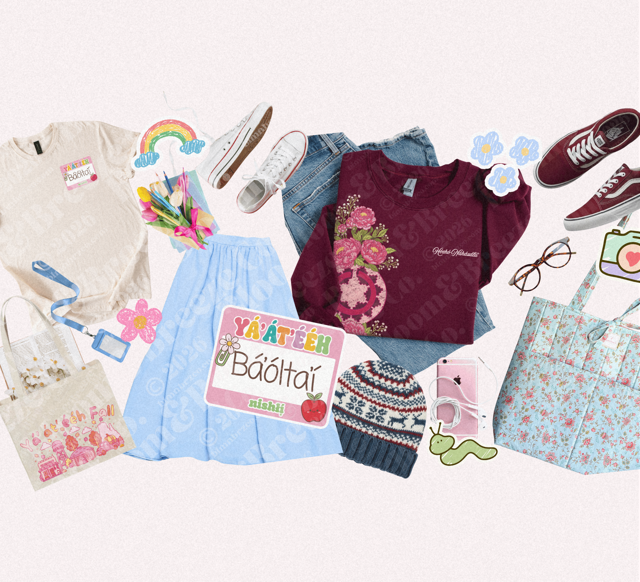 A flat-lay collage of various fashion accessories and clothing items, including a cream t-shirt, a maroon floral long-sleeve top, a light blue pleated skirt, denim jeans, a knit beanie, sneakers, glasses, a tote bag, and other cute accessories, arranged on a light pink background