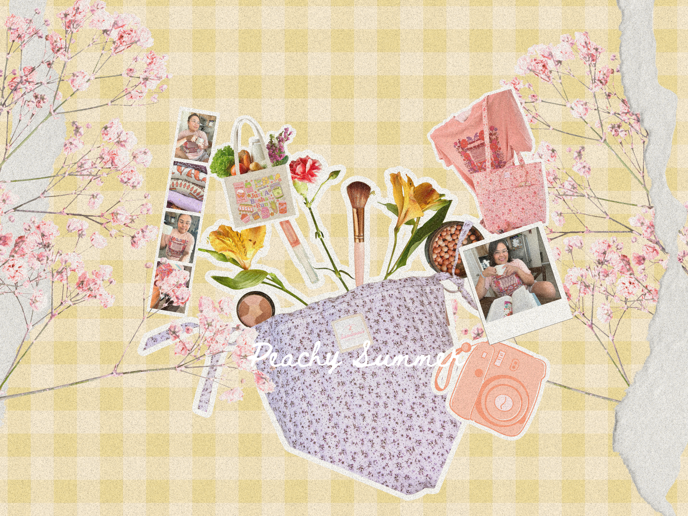 Collage of beauty products and photos on a yellow checkered background with floral elements.