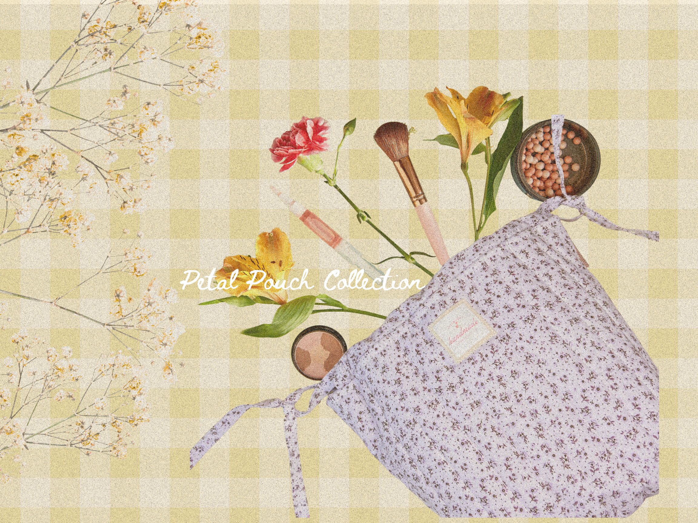 Floral pouch with makeup brushes and flowers on a checkered background