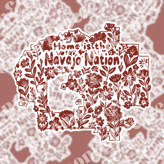 Map of the Navajo Nation with floral patterns and 'Home is the Navajo Nation' text on a textured background.