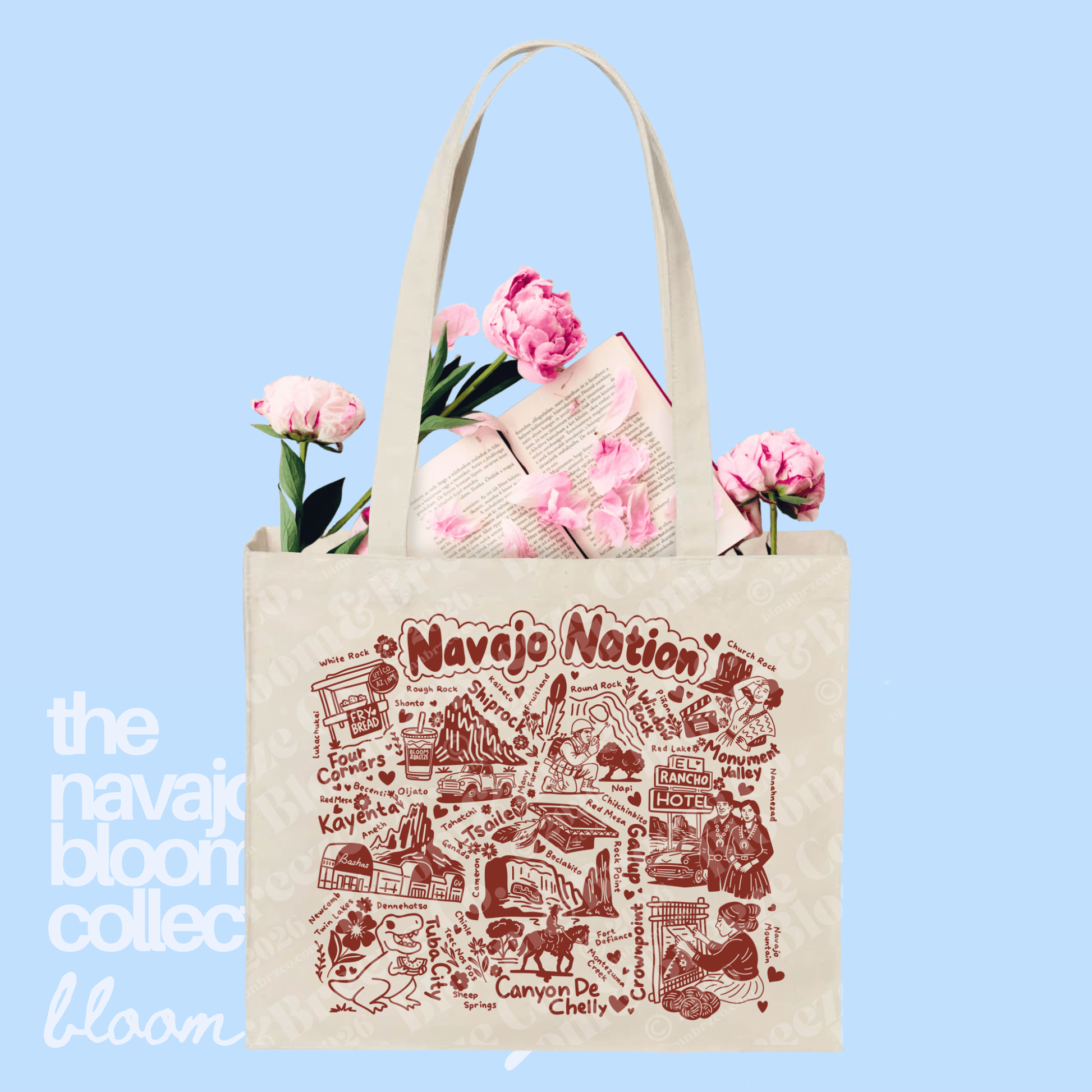 Cream canvas Navajo Nation tote bag with brown illustrated map-style artwork on a soft blue background.