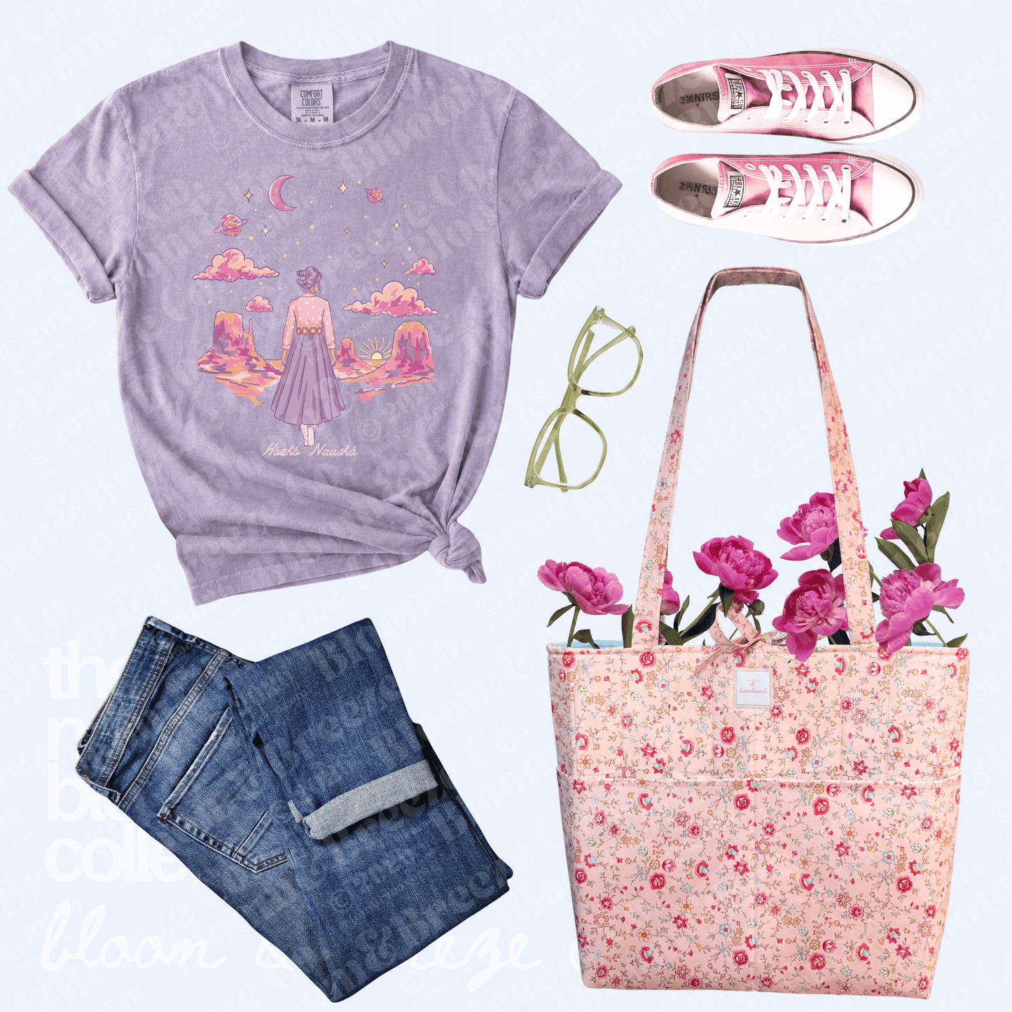 Purple t-shirt with graphic design, jeans, pink sneakers, glasses, floral tote bag, and flowers on a light purple background.