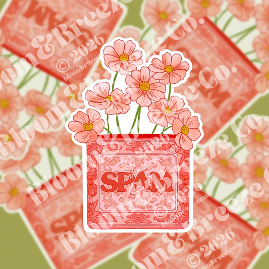 Ornate pink porcelain-style canned lunch meat with delicate coral blossoms blooming from it.
