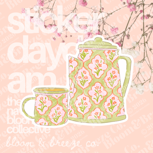Floral green teapot and mug sticker on a pink background with text.