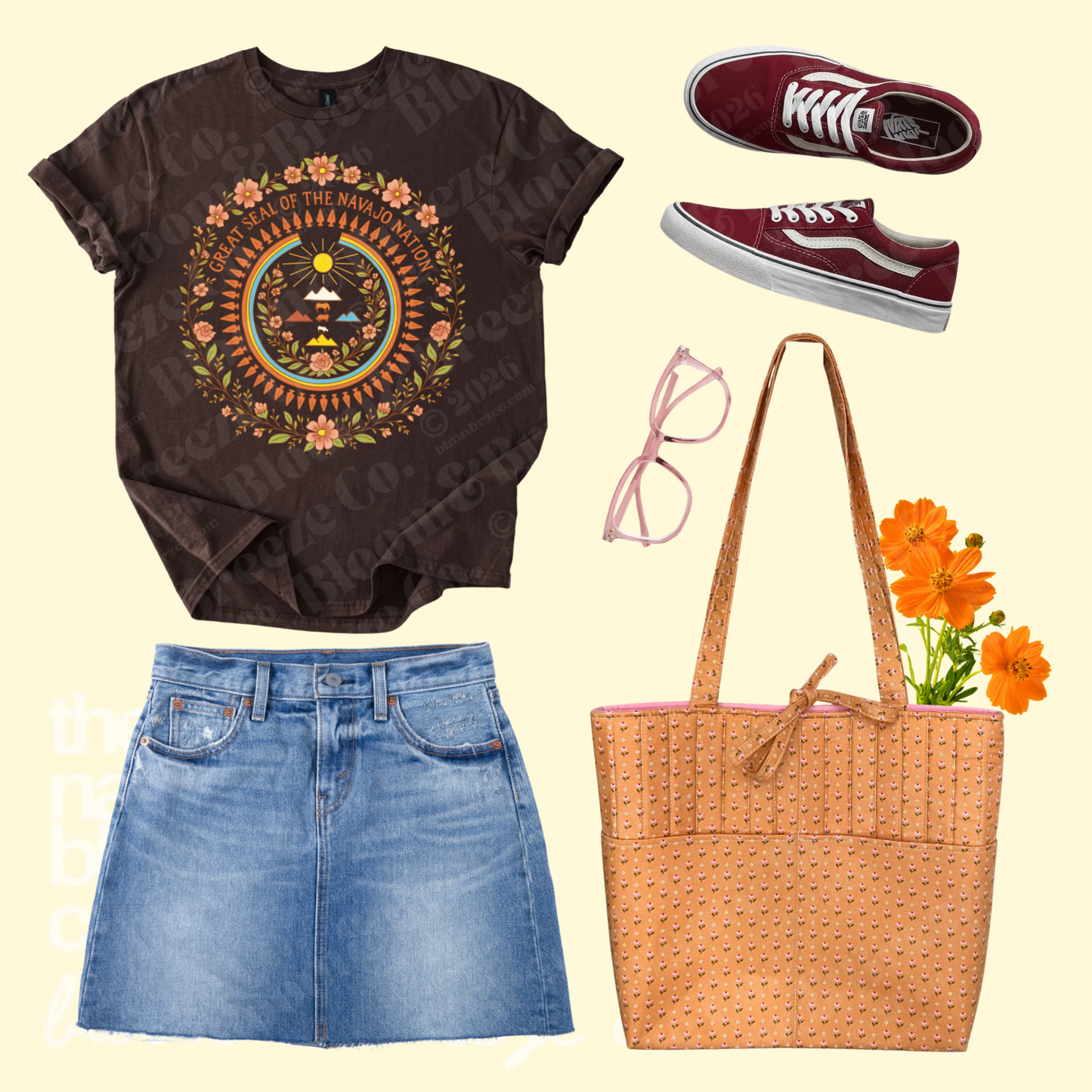 Brown Great Seal of the Navajo Nation graphic tee styled with a denim skirt, red sneakers, pink glasses, and a peach floral quilted tote bag.