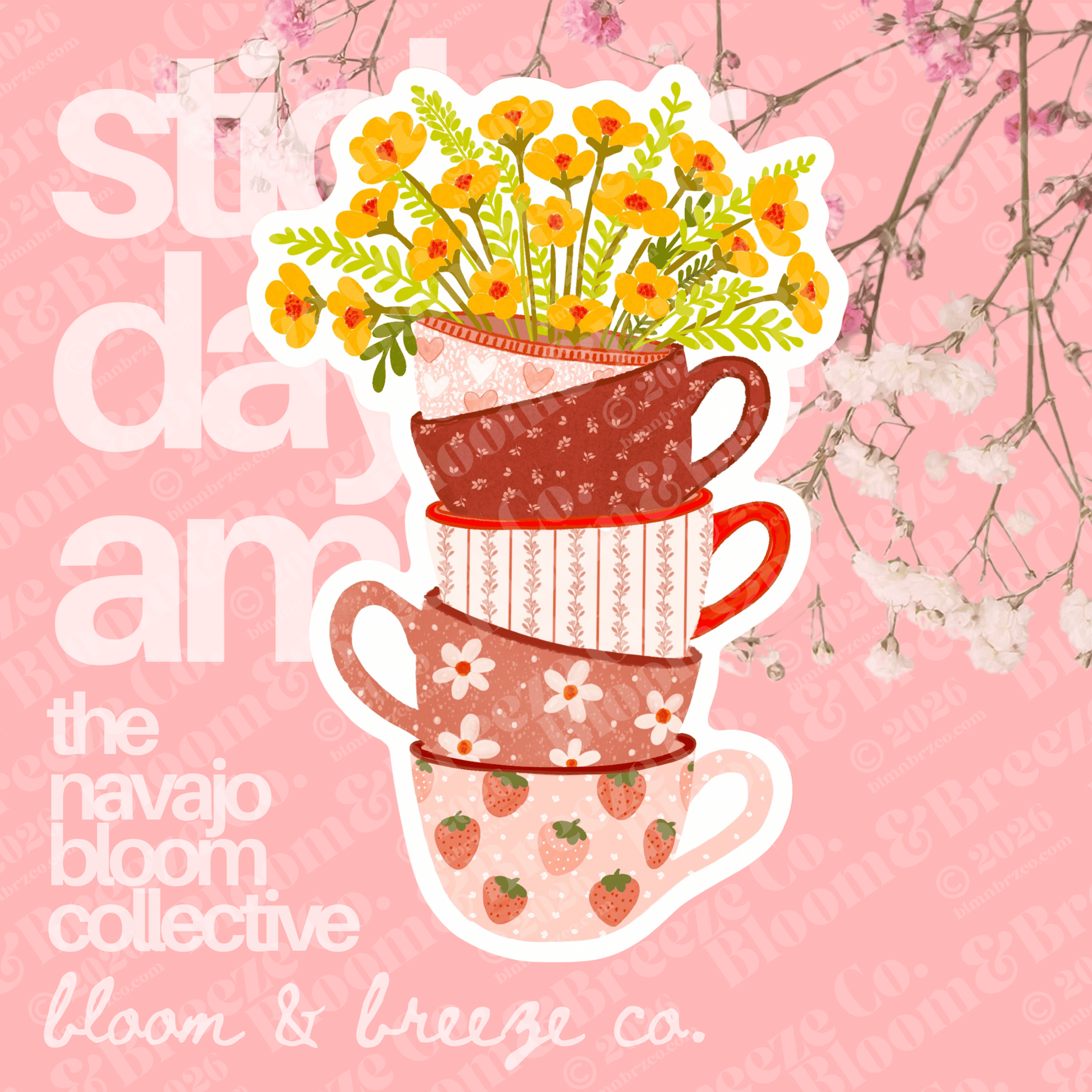 Stack of patterned cups with flowers on a pink background, featuring text and branding.