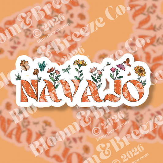 Petals and Pride Navajo sticker featuring floral lettering with butterflies, hummingbirds, and wildflowers in warm desert tones