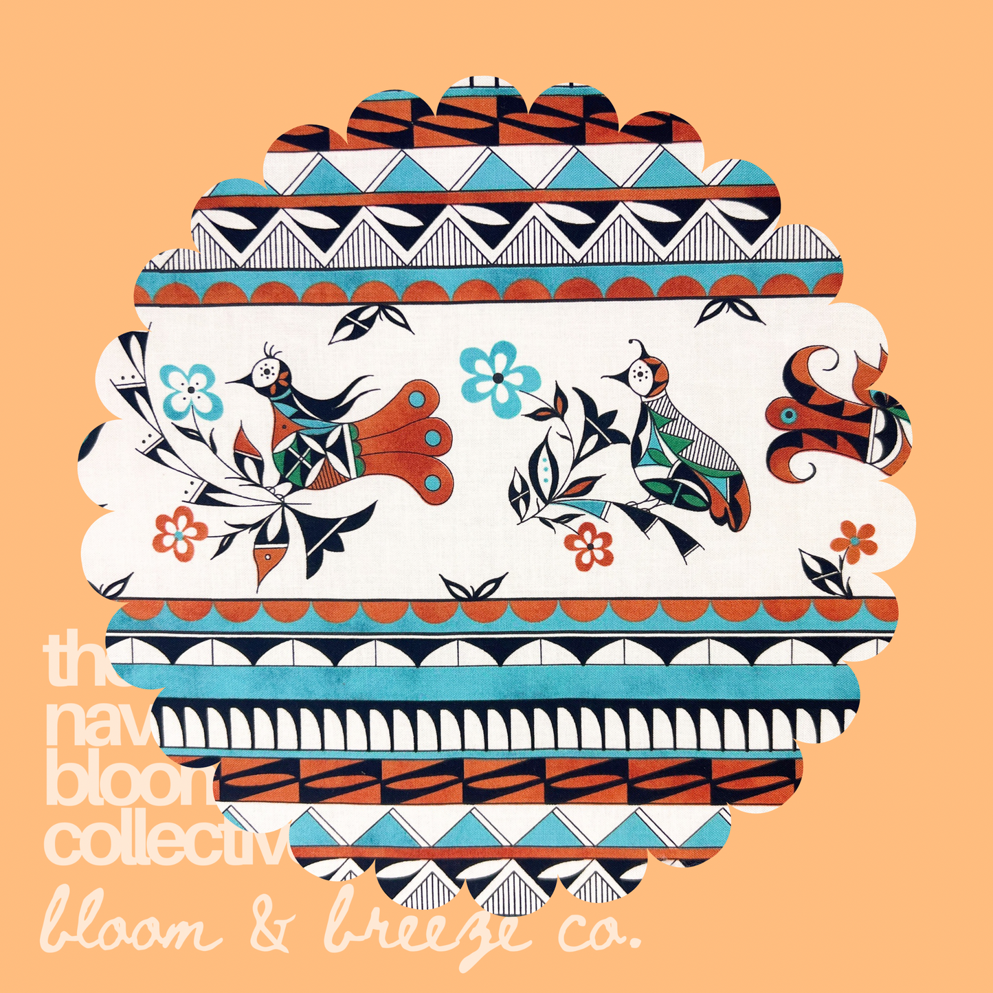 Cream fabric swatch with turquoise, rust, black, and white pottery-inspired geometric and bird print on a warm peach background.
