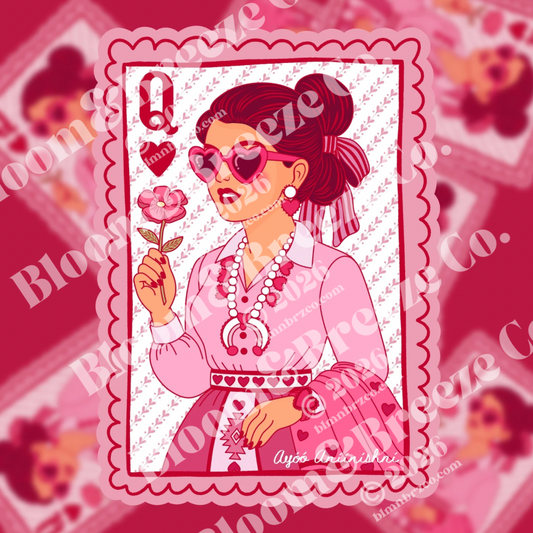 Stylized queen-of-hearts playing card featuring a Navajo-inspired woman in pink with heart sunglasses, pearl jewelry, and a heart squash blossom necklace.