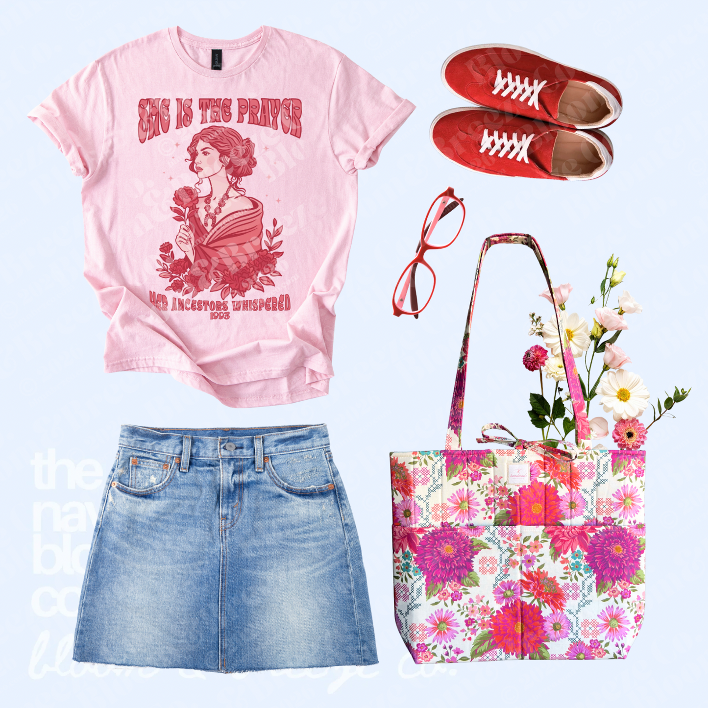 Pink “She Is the Prayer” graphic tee styled with a denim skirt, red sneakers, red glasses, and a bright floral quilted tote bag.