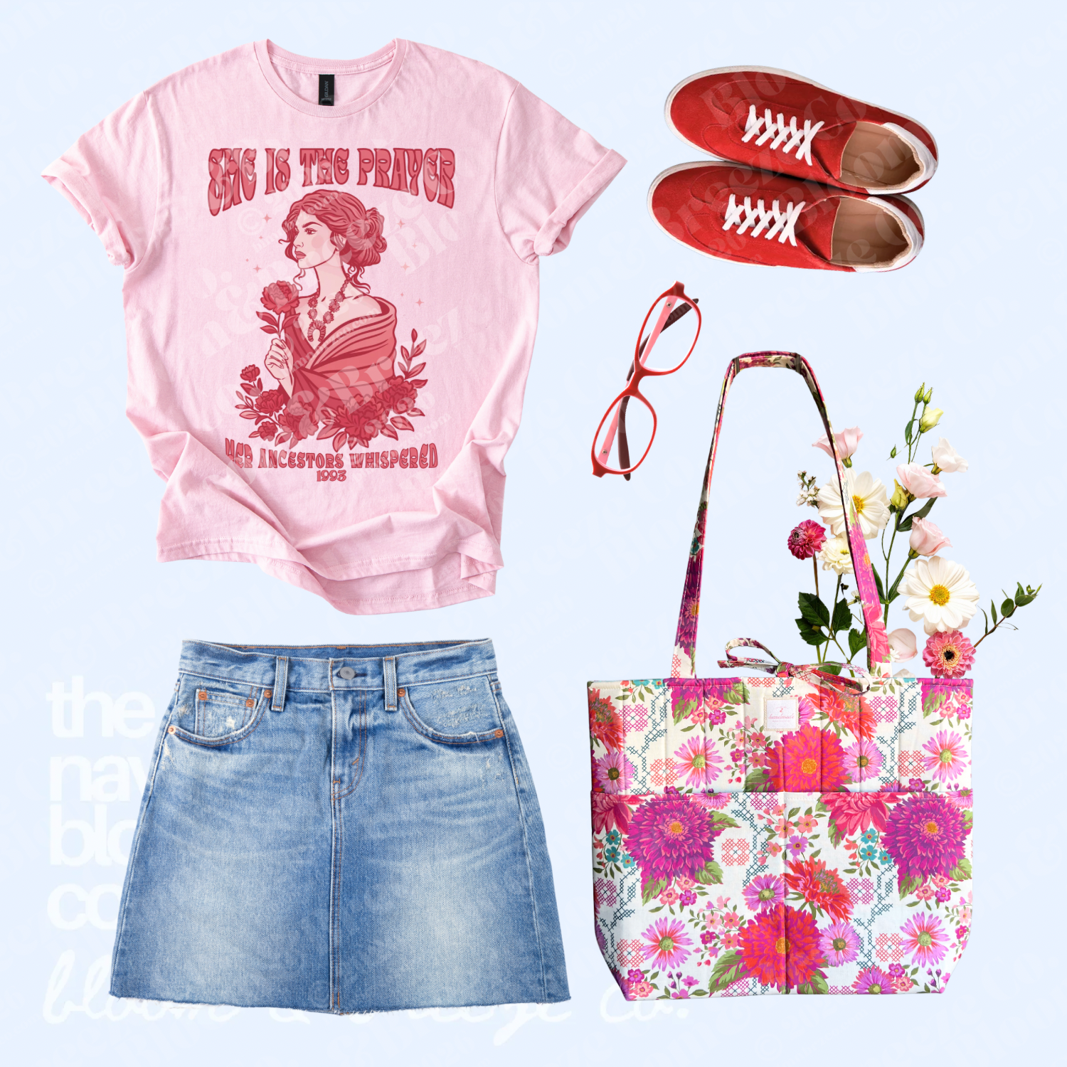 Pink “She Is the Prayer” graphic tee styled with a denim skirt, red sneakers, red glasses, and a bright floral quilted tote bag.