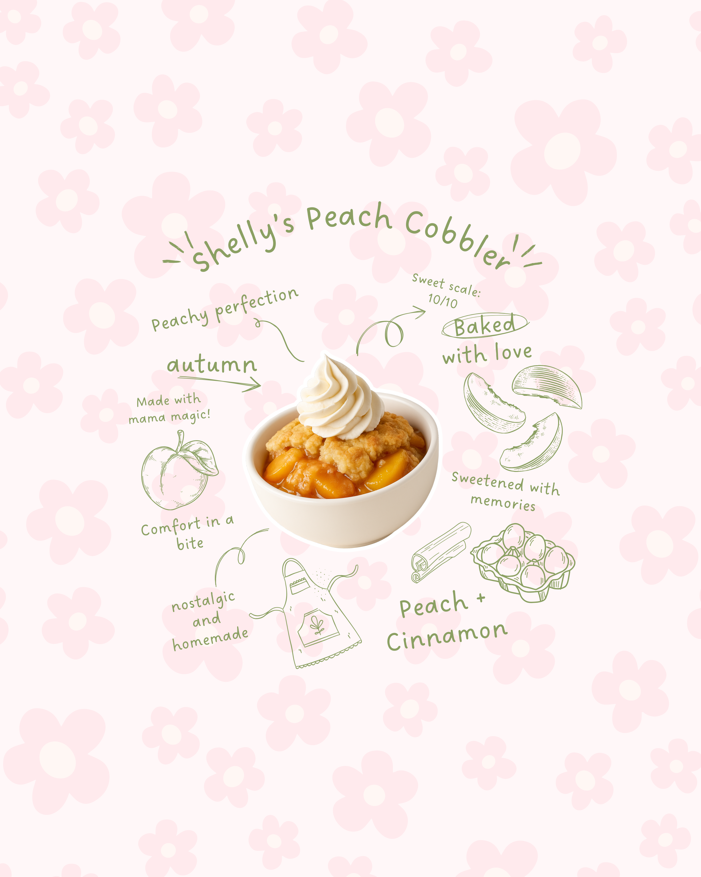 Illustration of peach cobbler with whipped cream on a pink floral background, featuring text about the dessert.