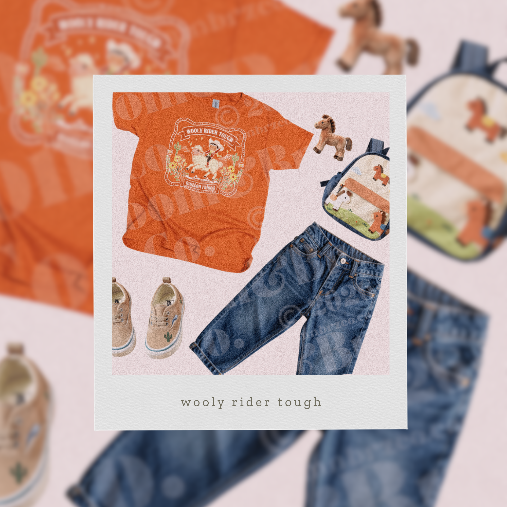 Orange t-shirt with graphic design, blue jeans, and shoes on a light pink background with 'wooly rider tough' text.