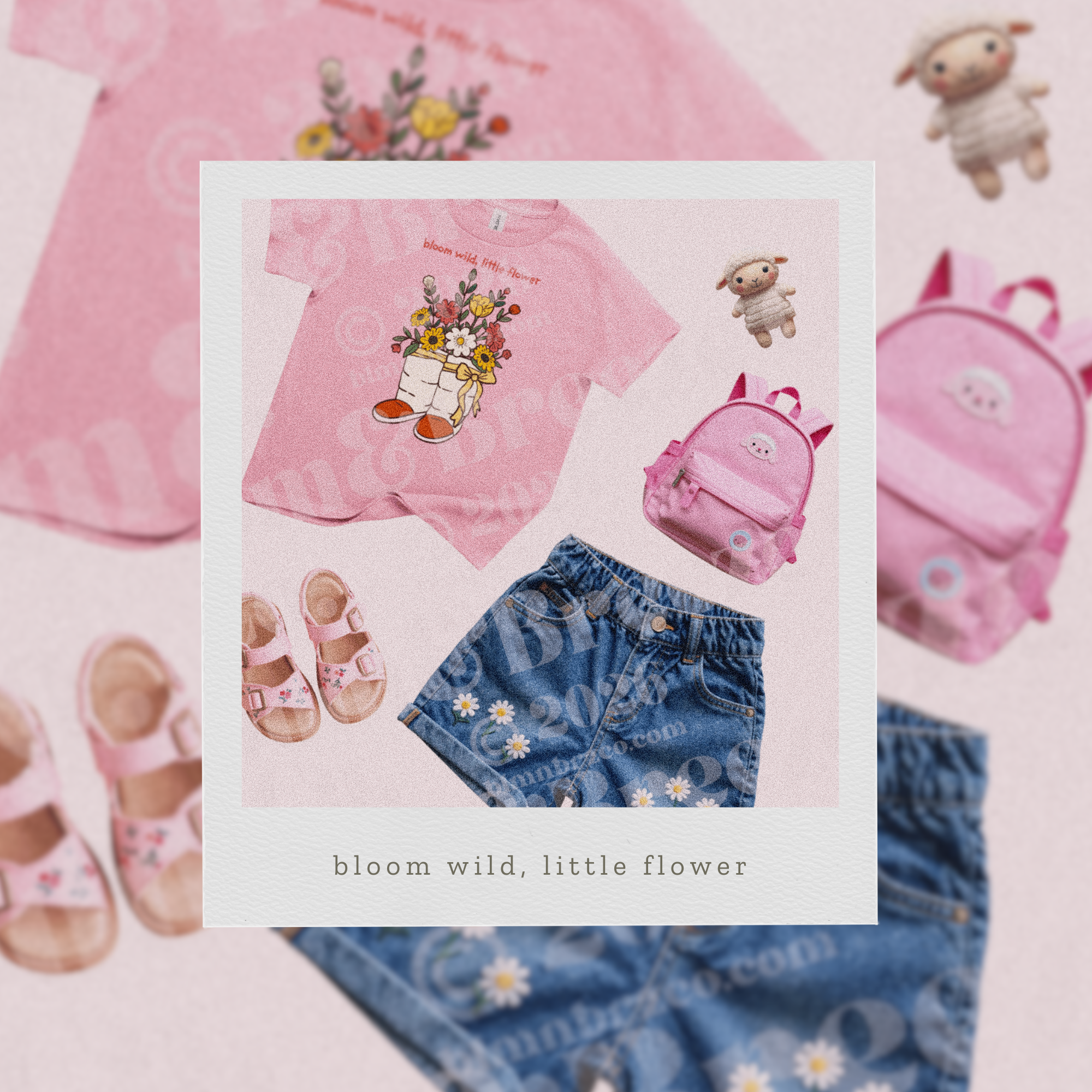 Pink t-shirt with floral design, denim shorts, sandals, and pink backpack on a light pink background.