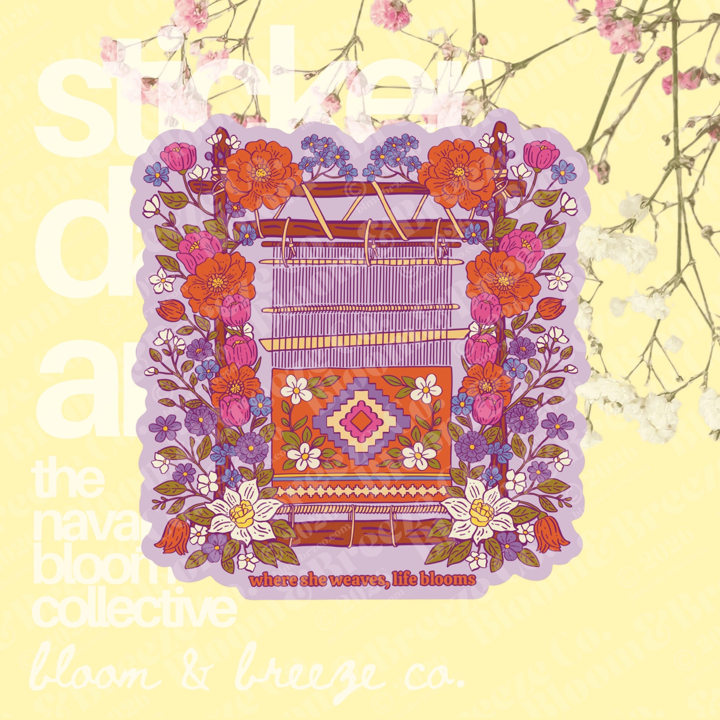 Decorative woven design sticker with flowers on a yellow background