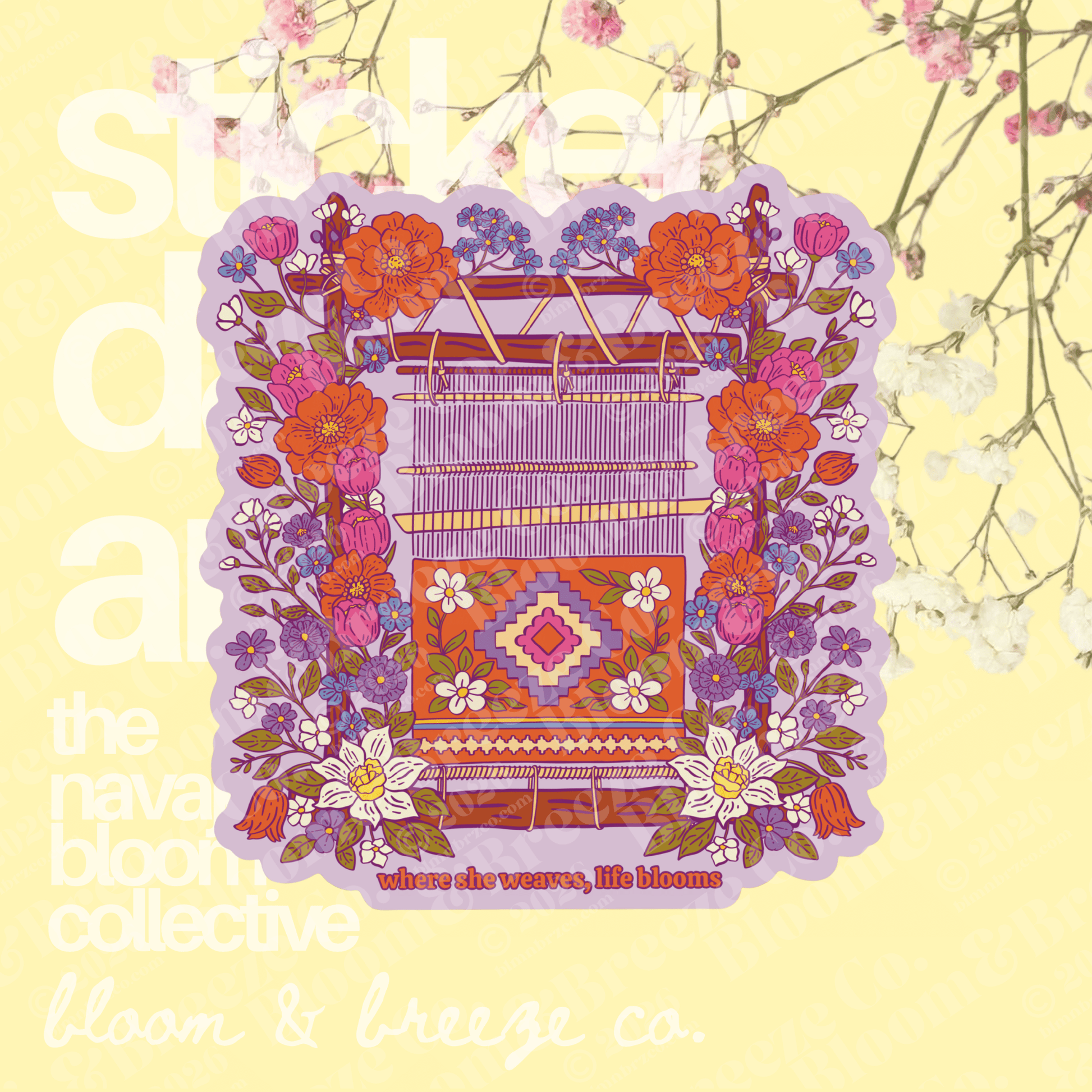 Decorative woven design sticker with flowers on a yellow background