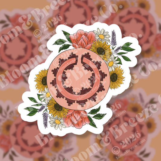 Bloom floral sticker featuring a Navajo-inspired wedding basket design surrounded by sunflowers, roses, daisies, and greenery
