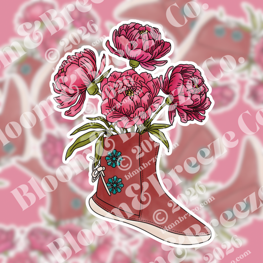 Illustrated red moccasin with turquoise squash blossom detail buttons and blooming pink peonies growing from inside.