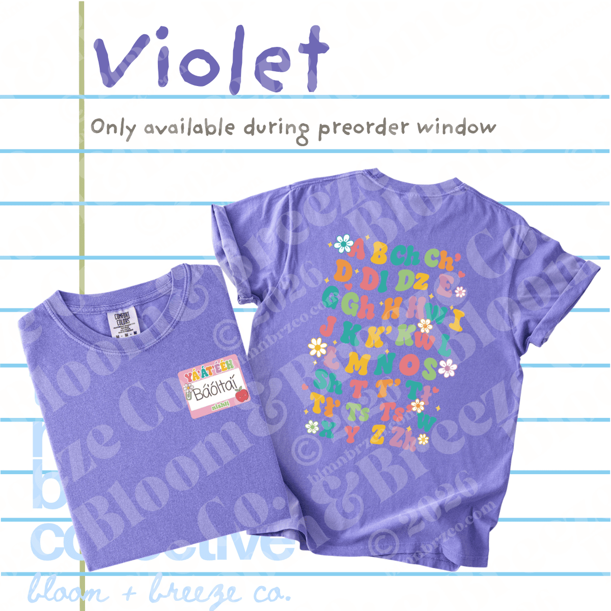 Two purple short-sleeve T-shirts shown on a lined white background with the word 'Violet' and preorder text. One shirt is folded and shows a small name tag in navajo writing 