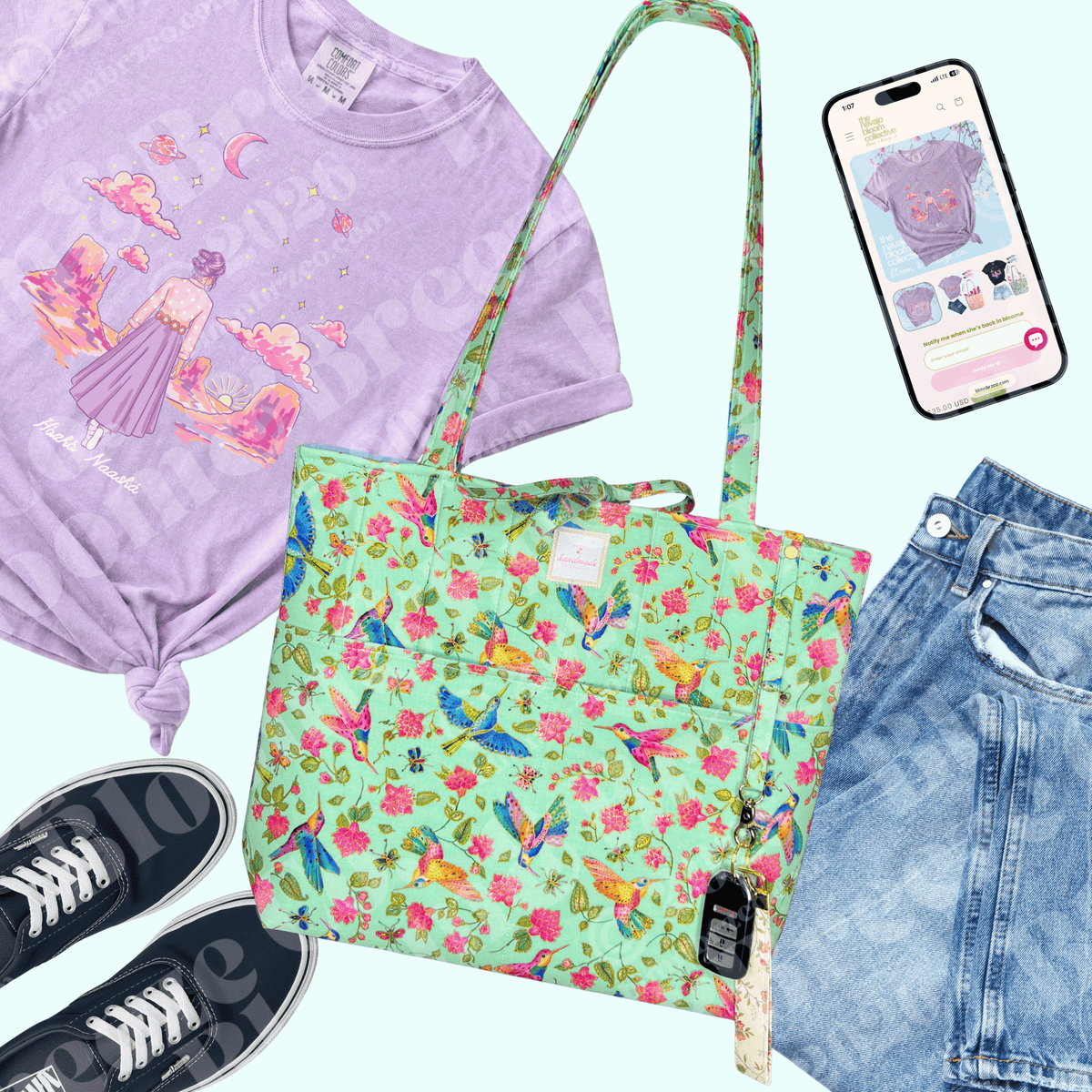 Flat lay of a lavender graphic T-shirt styled with light-wash jeans, black sneakers, a mint hummingbird-print tote, car keys, and a smartphone.