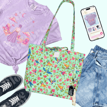 Flat lay of a lavender graphic T-shirt styled with light-wash jeans, black sneakers, a mint hummingbird-print tote, car keys, and a smartphone.