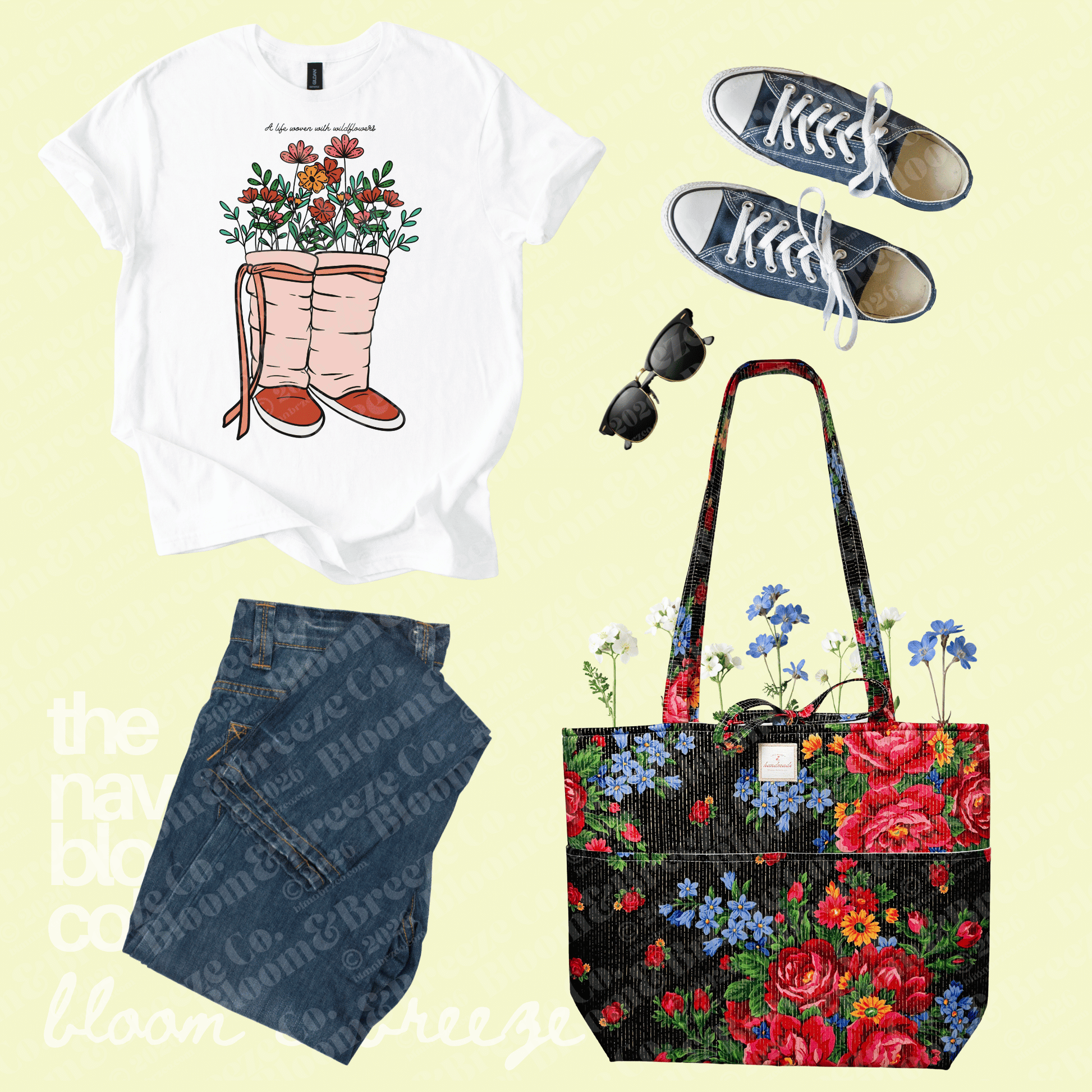 Collage of a white t-shirt with pink boots and flowers, blue jeans, floral tote bag, sunglasses, and sneakers on a light yellow background.