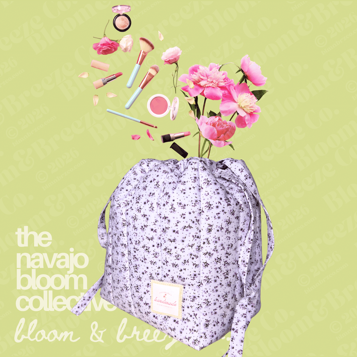 A drawstring cosmetic bag with a light purple and white floral print, shown with pink flowers and makeup items floating out of the top against a pale green background. Text on the left reads 'the navajo bloom collective bloom & bree'.