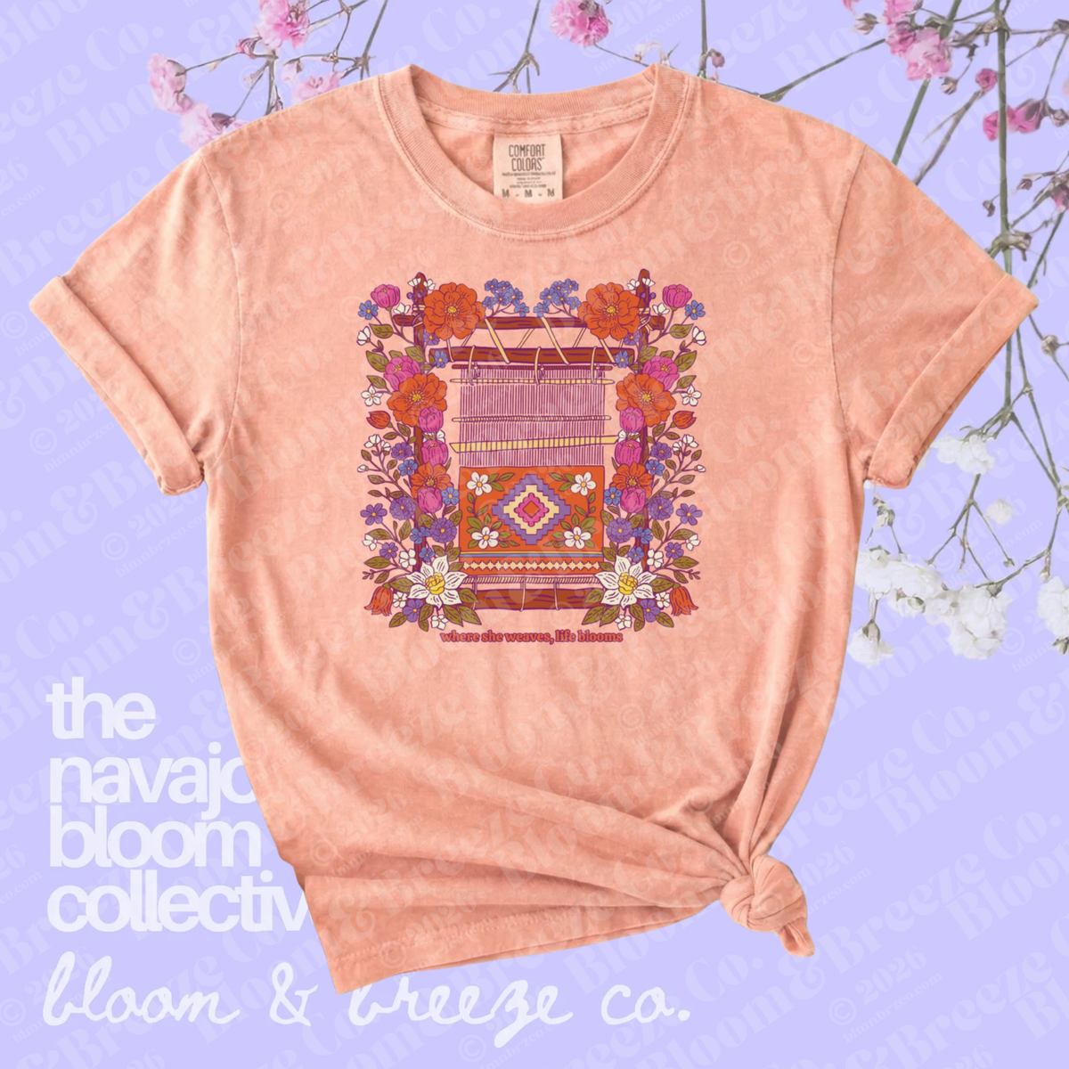Peach t-shirt with floral and loom design on a purple background with floral elements.
