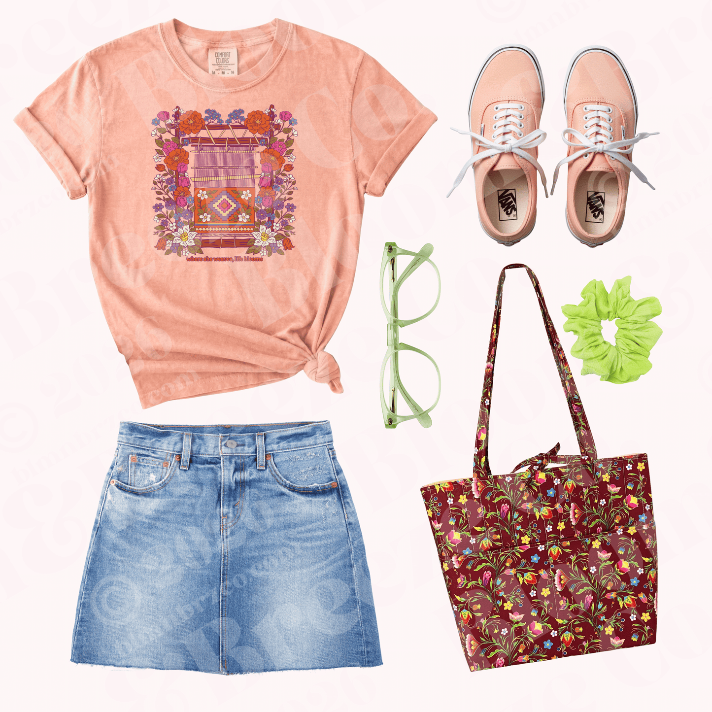 Collection of clothing and accessories including a t-shirt, jeans, shoes, bag, and hair accessories on a white background.