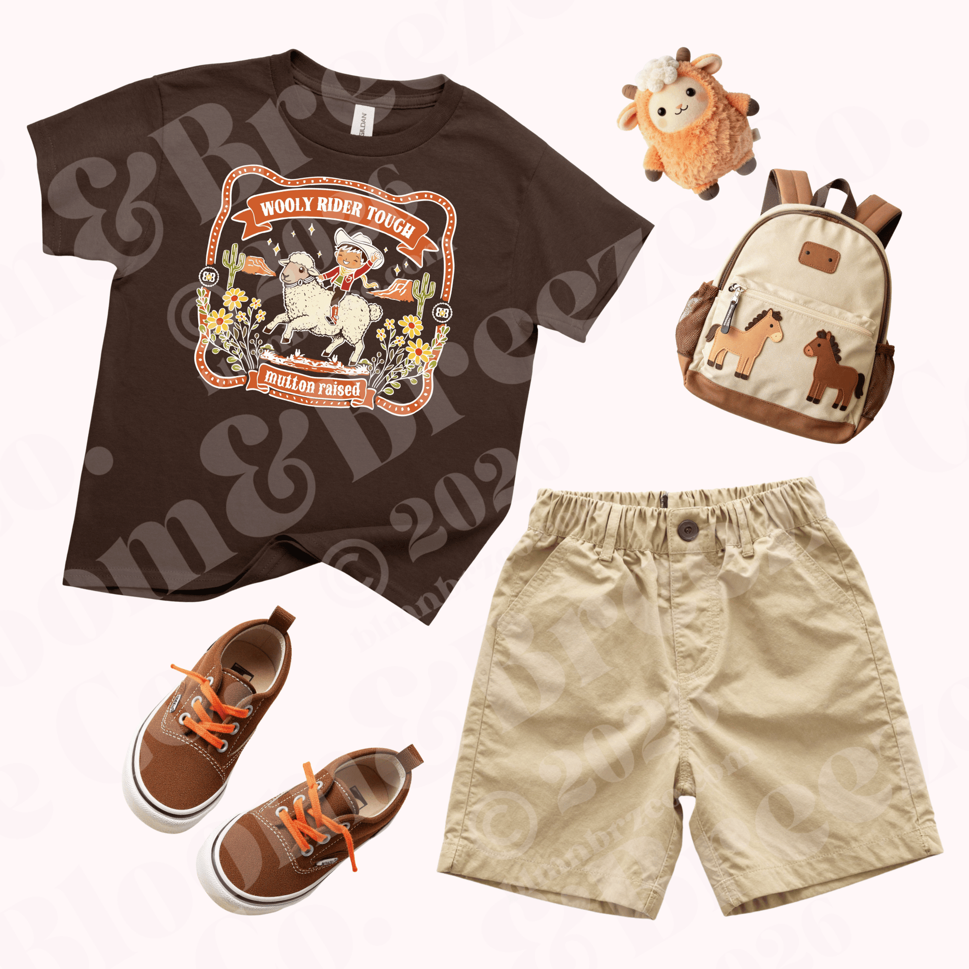 Youth brown graphic t-shirt with ‘Wooly Rider Tough – Mutton Raised’ design styled with khaki shorts, brown sneakers, small backpack, and plush lamb.