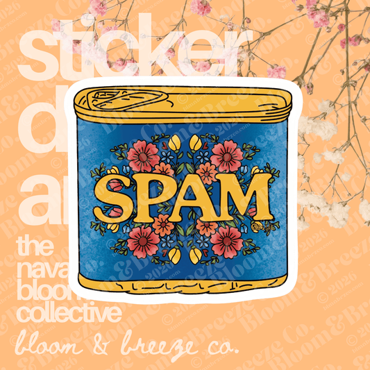 Decorative canned meat can with floral design on an orange background, featuring text about 'Sticker Doodle' and 'Bloom & Breeze Co.'.