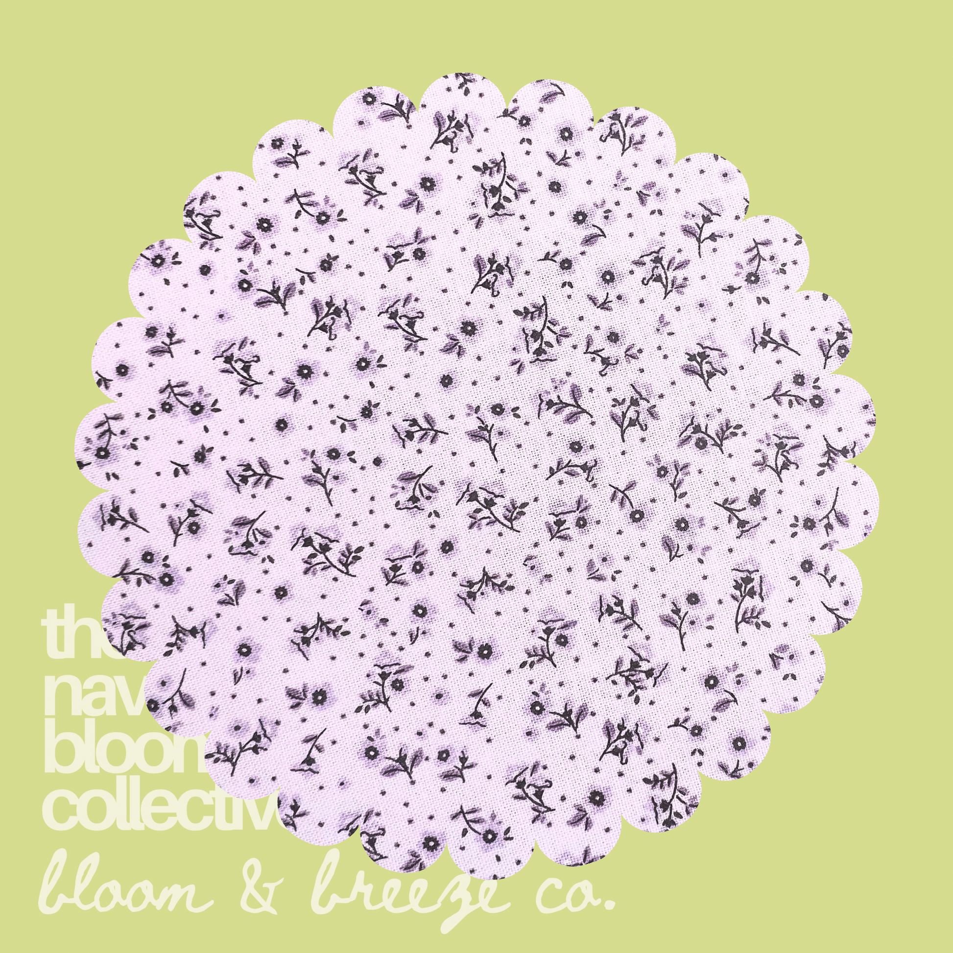 Light lilac fabric swatch with tiny dark floral print on a soft green background with Bloom & Breeze Co. branding.