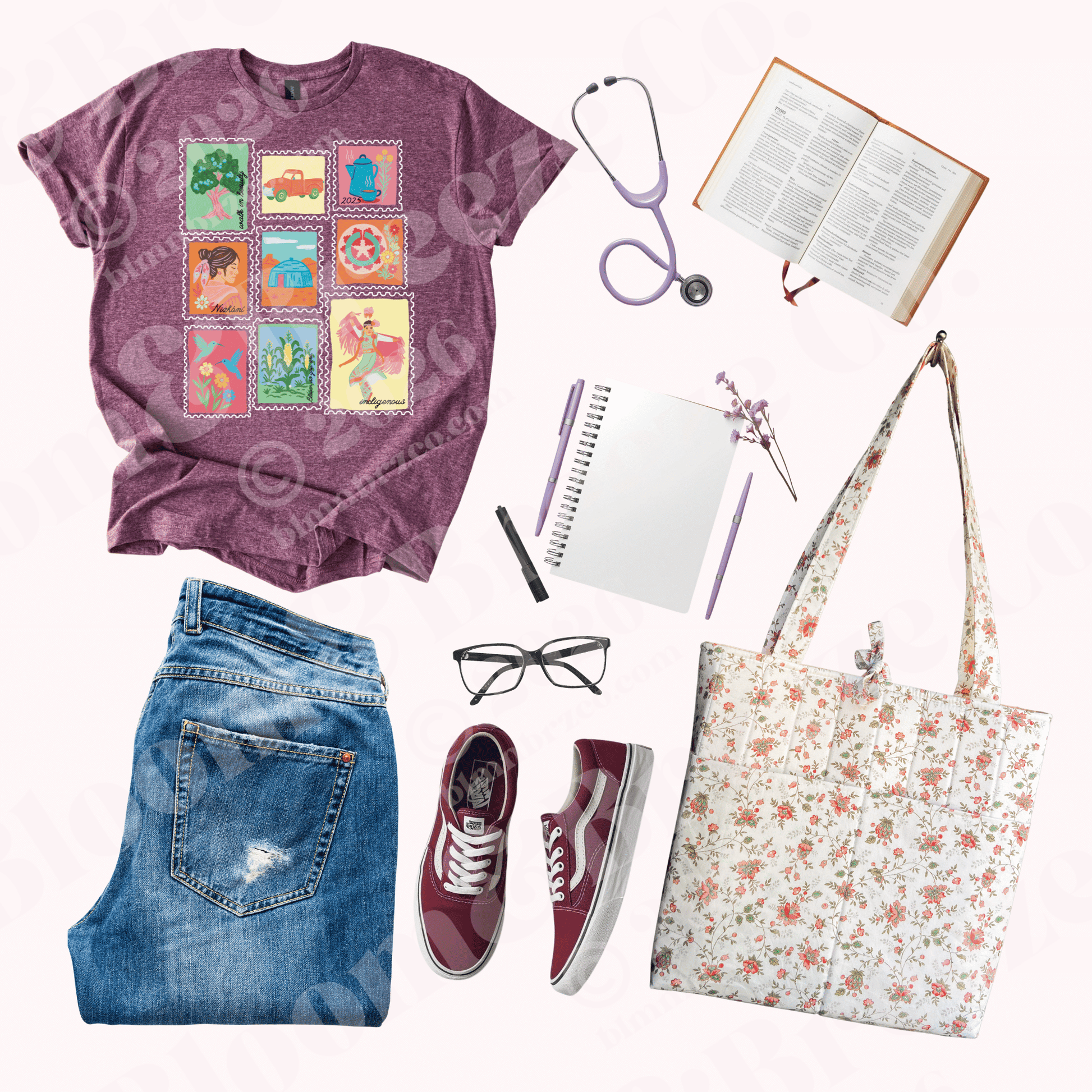 Collage of a purplish heather maroon t-shirt with colorful designs, jeans, maroon sneakers, a floral tote bag, glasses, a stethoscope, notebook, and pen on a white background.