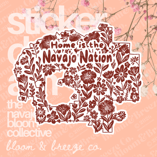 Decorative sticker of the Navajo Nation with floral patterns on a pink background, featuring 'bloom & breeze co.'