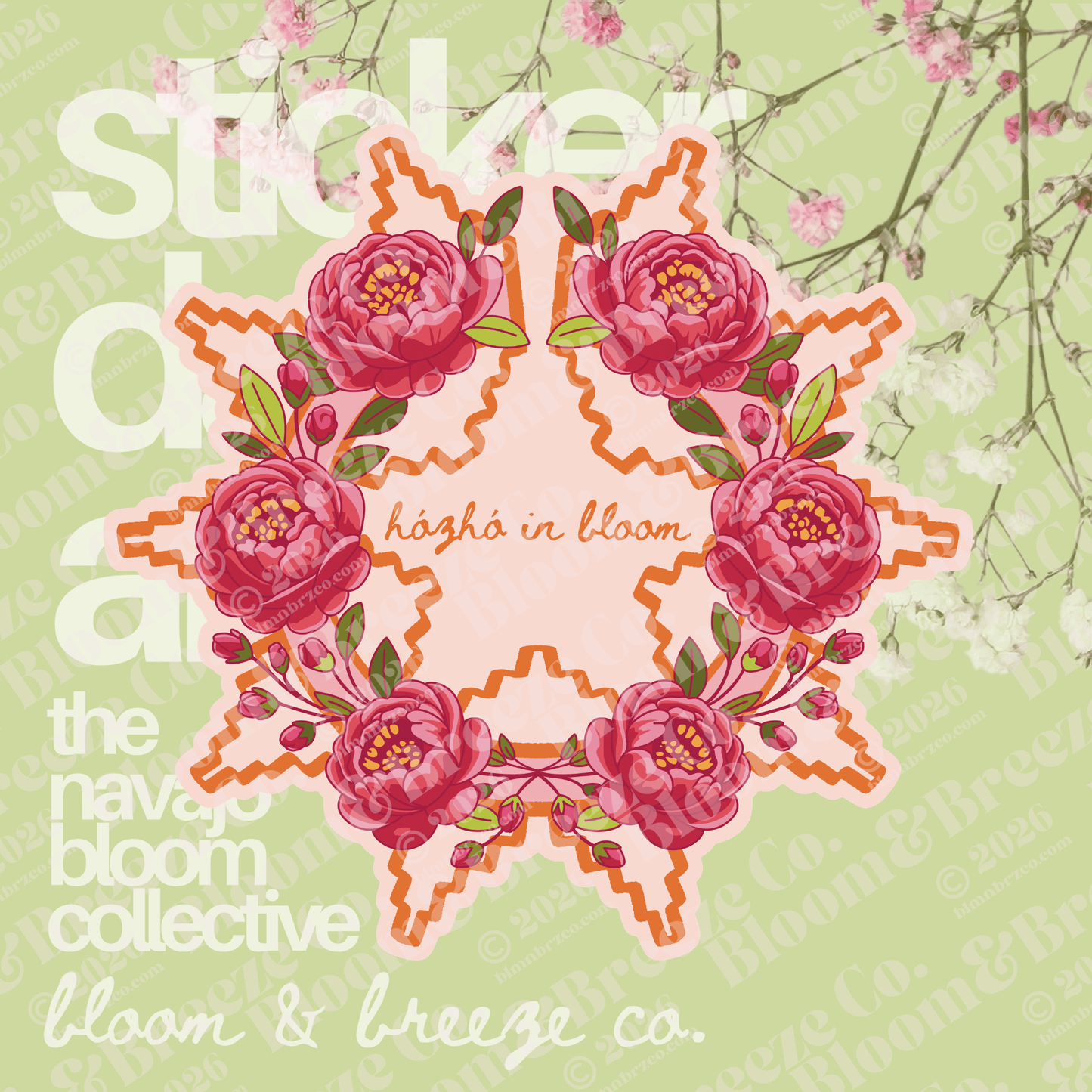 Decorative design with pink flowers and text on a light green background