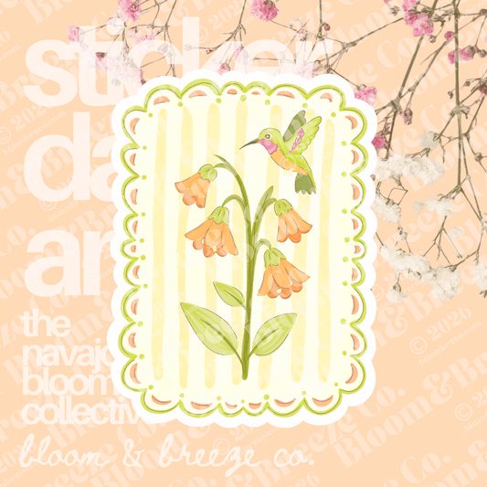 Watercolor sticker of hummingbird floating next to flower stock