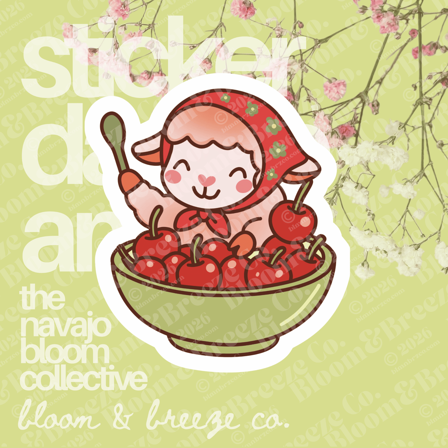 Little sheep with red floral masani scarf with a bowl of cherries 