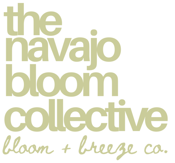 Red text on a white background with 'the navajo bloom collective' and 'bloom + breeze co.'