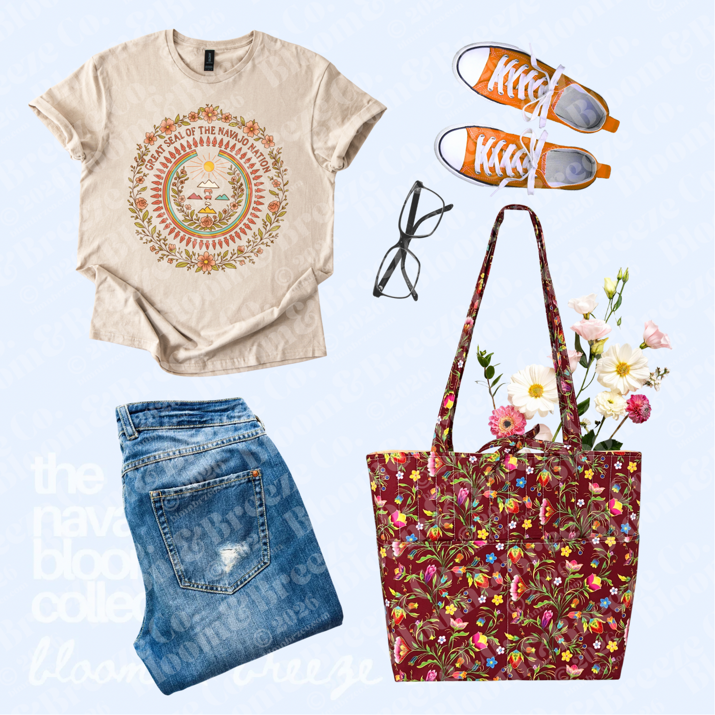 Cream Great Seal of the Navajo Nation graphic tee styled with jeans, orange sneakers, black glasses, and a burgundy floral quilted tote bag on a light blue background.