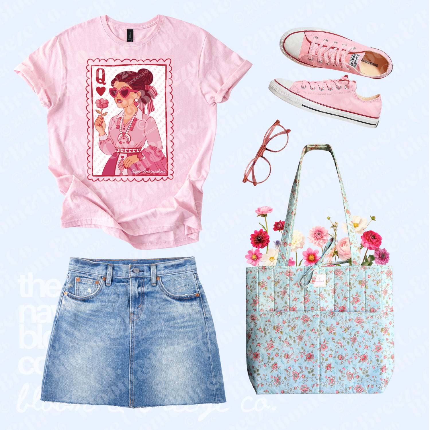 Pink Navajo Queen of Hearts-inspired graphic tee styled with a denim skirt, pink sneakers, pink glasses, and a light blue floral quilted tote bag.
