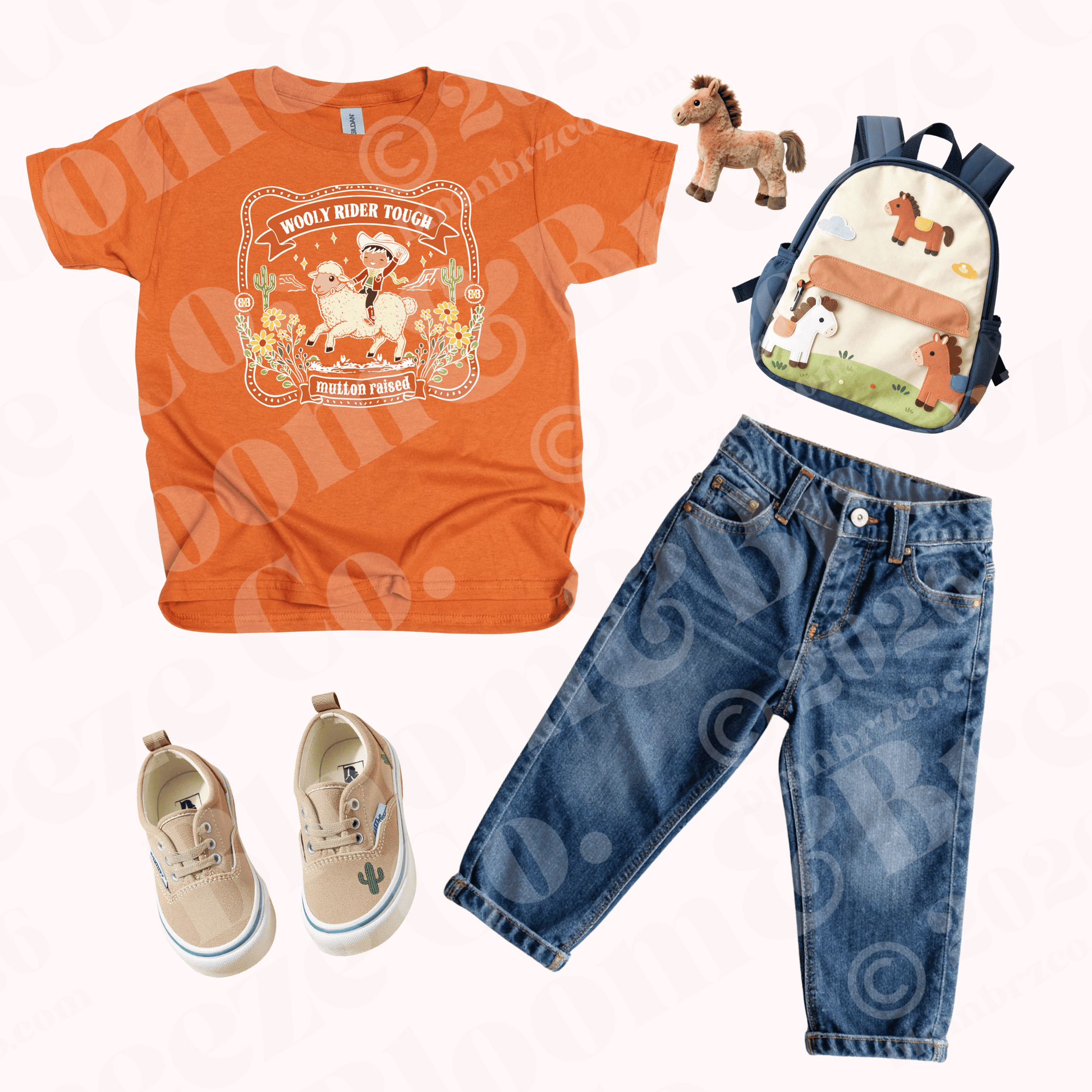 Orange t-shirt with cowboy graphic, blue jeans, beige shoes, plush horse, and backpack on a white background.