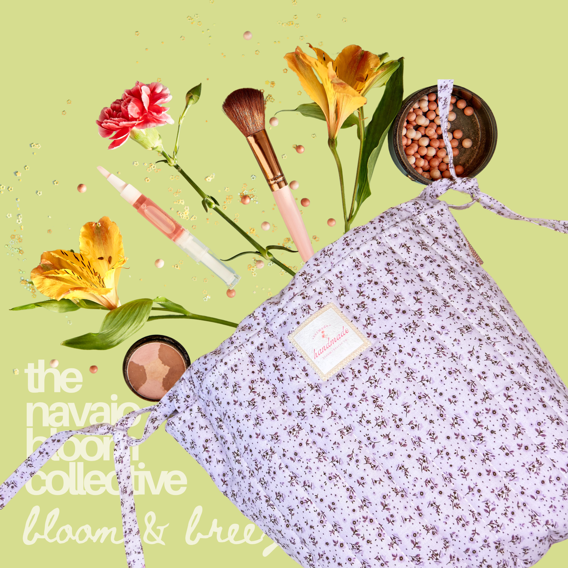 Lavender floral Petal Pouch styled with makeup, flowers, blush pearls, and beauty products on a light green background with Bloom & Breeze Co. branding.