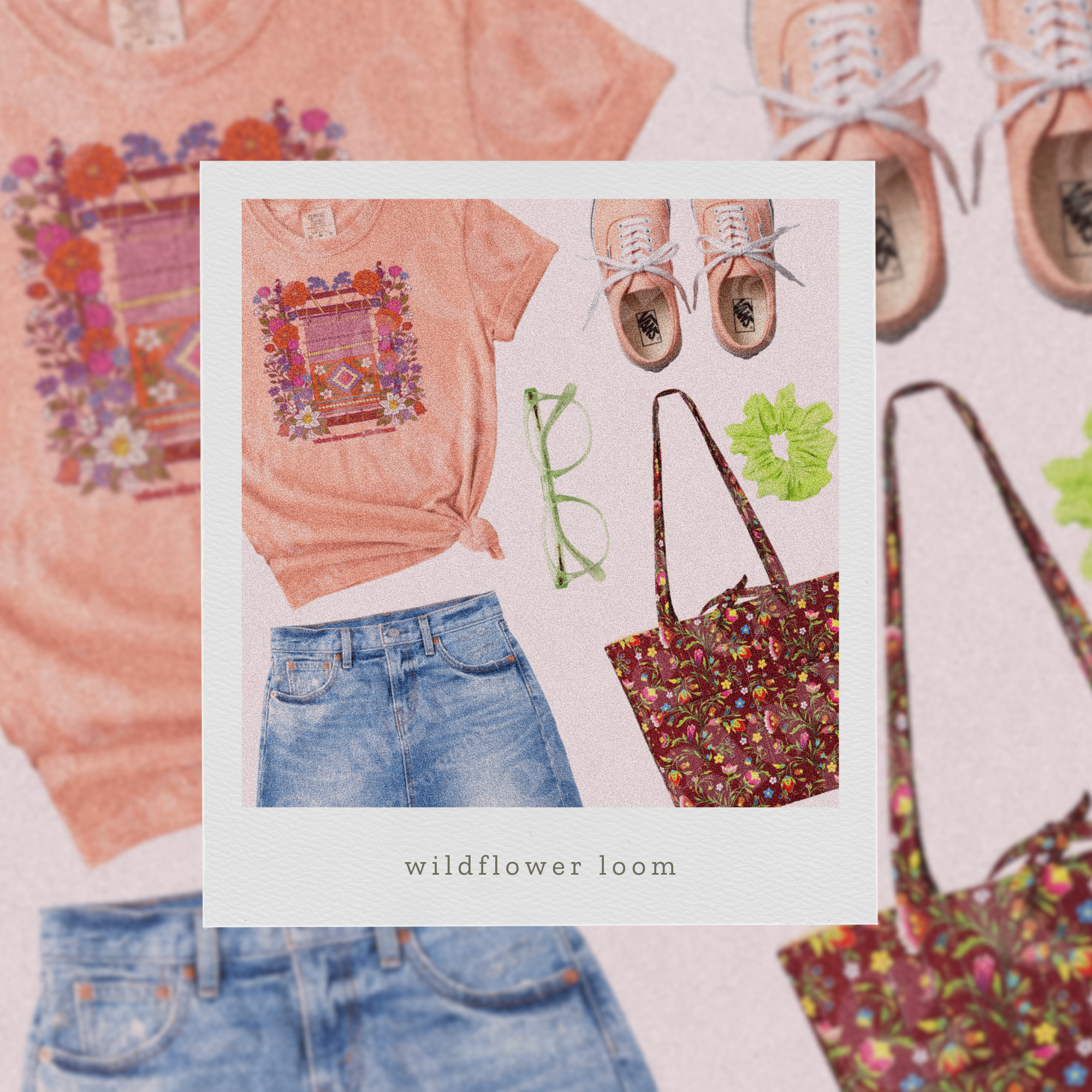 Collage of a pink shirt with floral design, blue jeans, sneakers, and a colorful handbag on a light background.