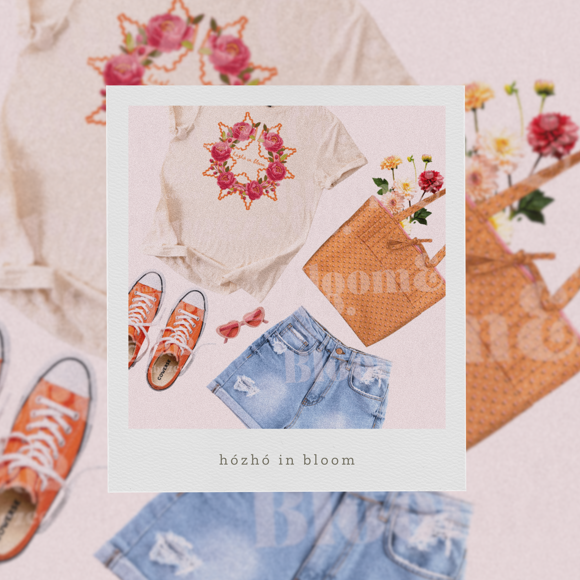 Collage of fashion items with floral design and 'hozho in bloom' text.