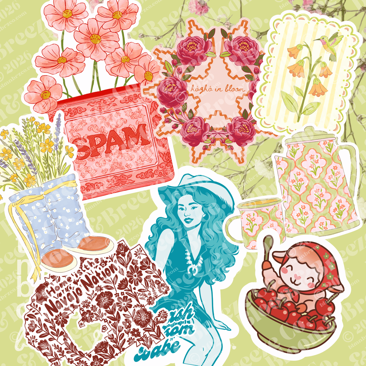 A collage of vintage-style illustrated stickers or decal designs on a pale green background, including flowers, a red SPAM sign, a floral teapot, a blue-haired woman sticker, a lamb in a hat, and patterned decorative elements.