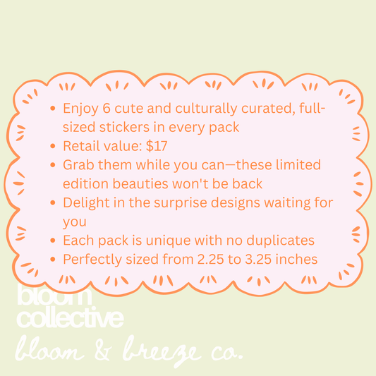 Promotional graphic with a pale green background, a large scalloped pink text box, and orange bullet points describing a pack of 6 cute stickers. The text includes product details like retail value, limited edition status, and size range.