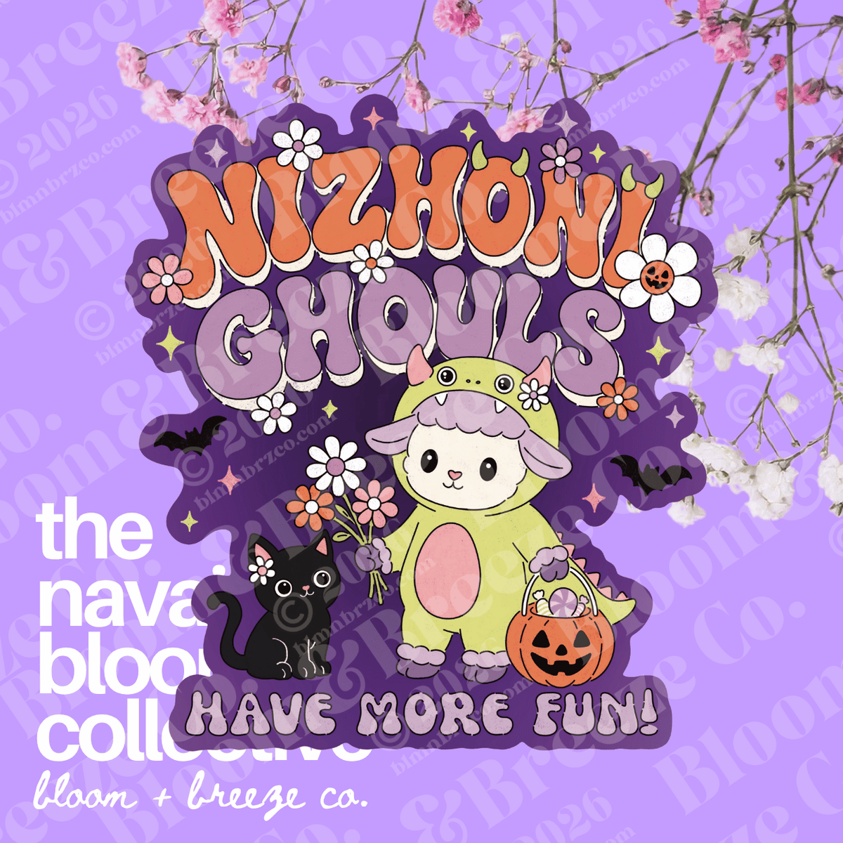 A die-cut sticker featuring a cute cartoon sheep character in a green and pink Halloween costume, holding a jack-o'-lantern bucket and flowers, next to a black cat. The top reads 'NIZHONI GHOULS' in large orange and purple bubbly letters, and the bottom reads 'HAVE MORE FUN!'.