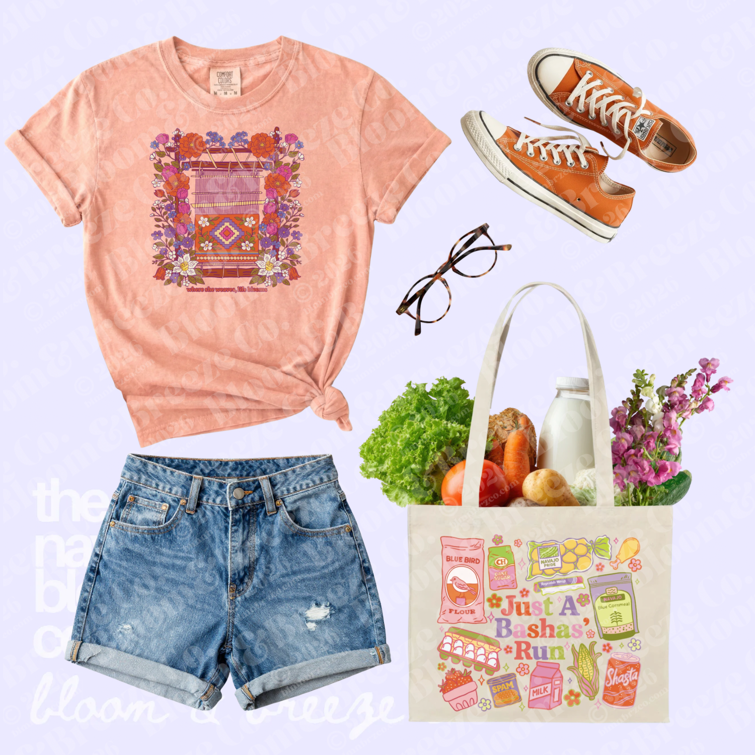 peach colored shirt with navajo loom design with denim shorts, orange sneakers and a grocery tote bag